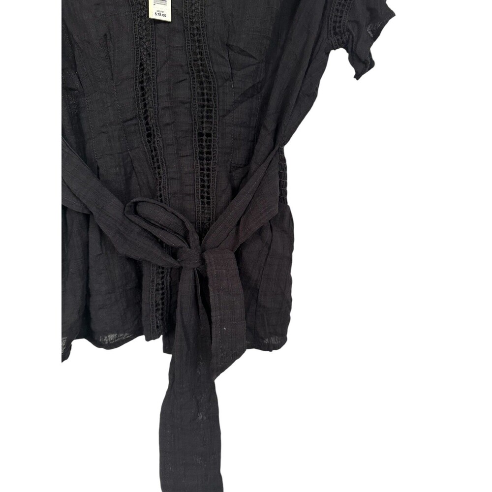 Max Studio Women's Short Sleeve Blouse Top w/ Tie Belt V-Neck Sheer Size M Black - Picture 6 of 9